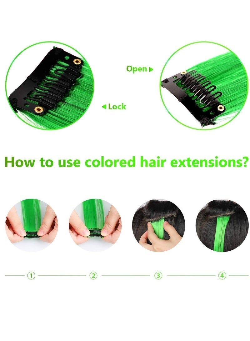 Bukela 22 inch Colored Hair Extensions Straight Hairpiece, Multi-colors Party Highlights Clip in Synthetic Hair Extensions (10 PCS Green) - Image 4